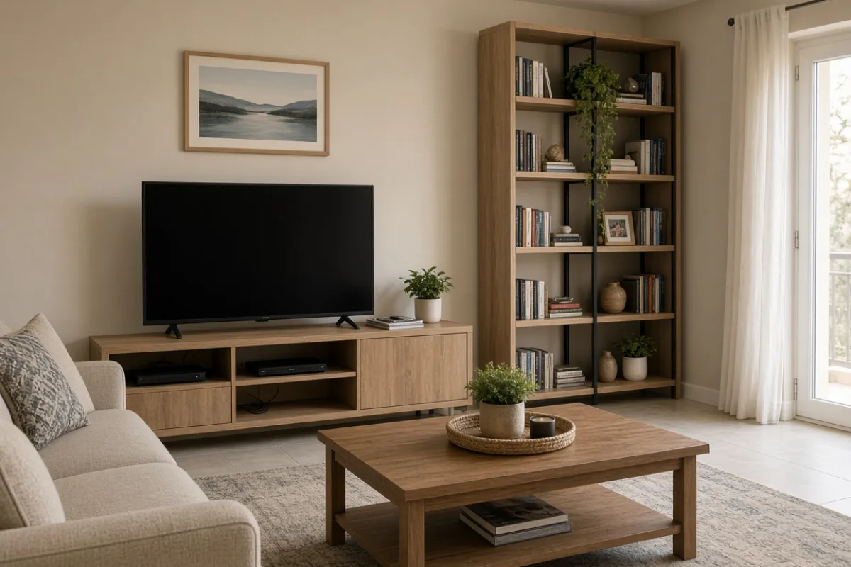 Bebek için güvenli salon ve sabitlenmiş mobilyalar