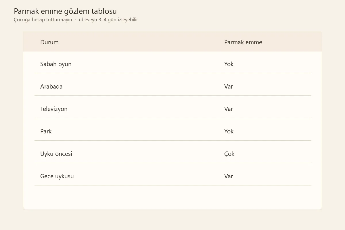 Çocuğun hangi zamanlarda parmak emdiğini takip etmek için ebeveyn gözlem tablosu