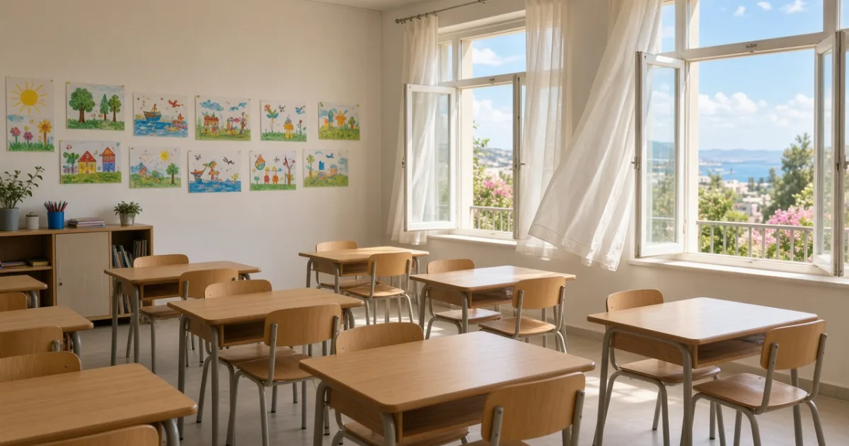 Okul sınıfında açık pencerelerle temiz hava sağlanması
