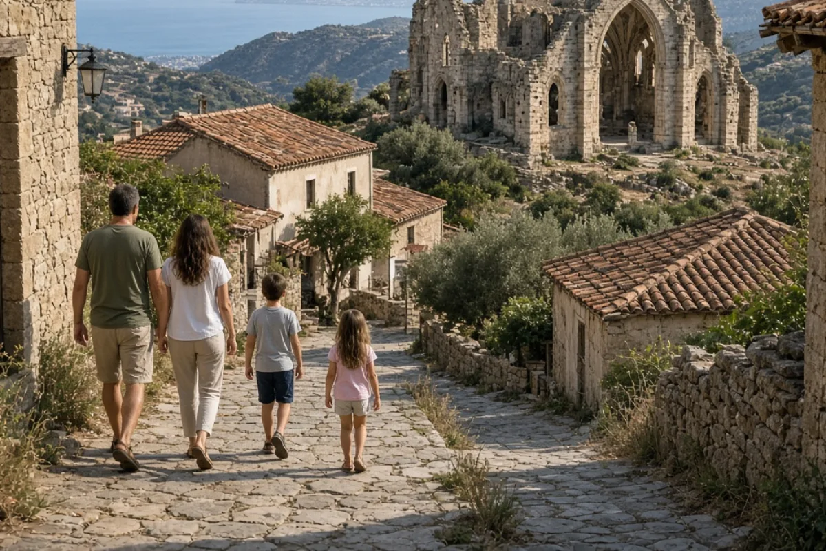 Bellapais köyünü çocuklarıyla keşfeden aile