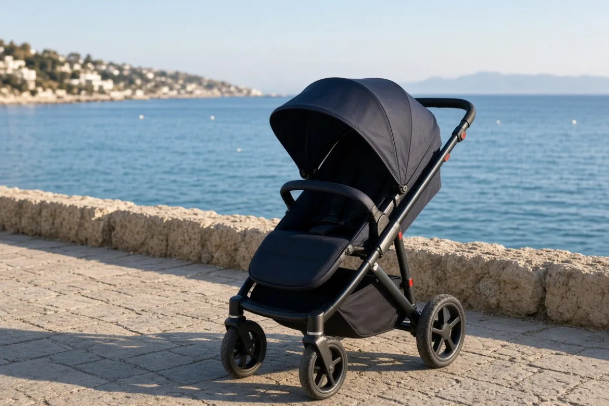 Sonbaharda Kıbrıs güneşinde güneşlik kullanılan bebek arabası