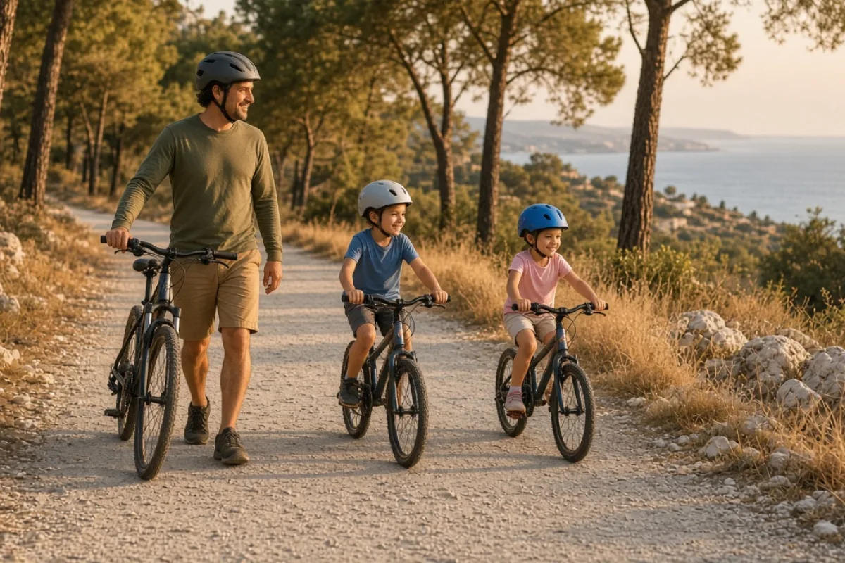 Kask takmış aile, Kıbrıs’ta trafikten ayrılmış yolda birlikte bisiklet sürüyor