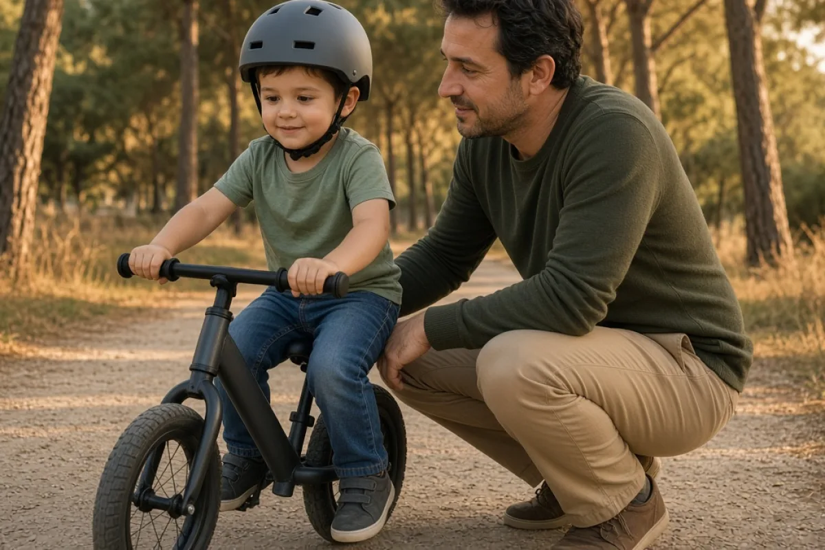 Kask takmış çocuk, parkta denge bisikletiyle ilk adımlarını atıyor