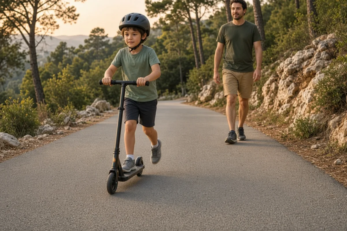 Kask takmış çocuk, düz park yolunda scooter sürüyor