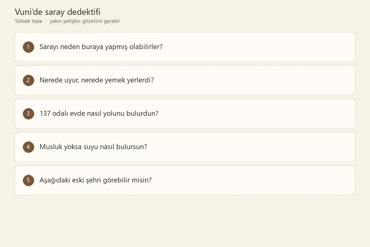 Vuni Sarayı kalıntılarını ve manzarayı çocukla keşfeden aile