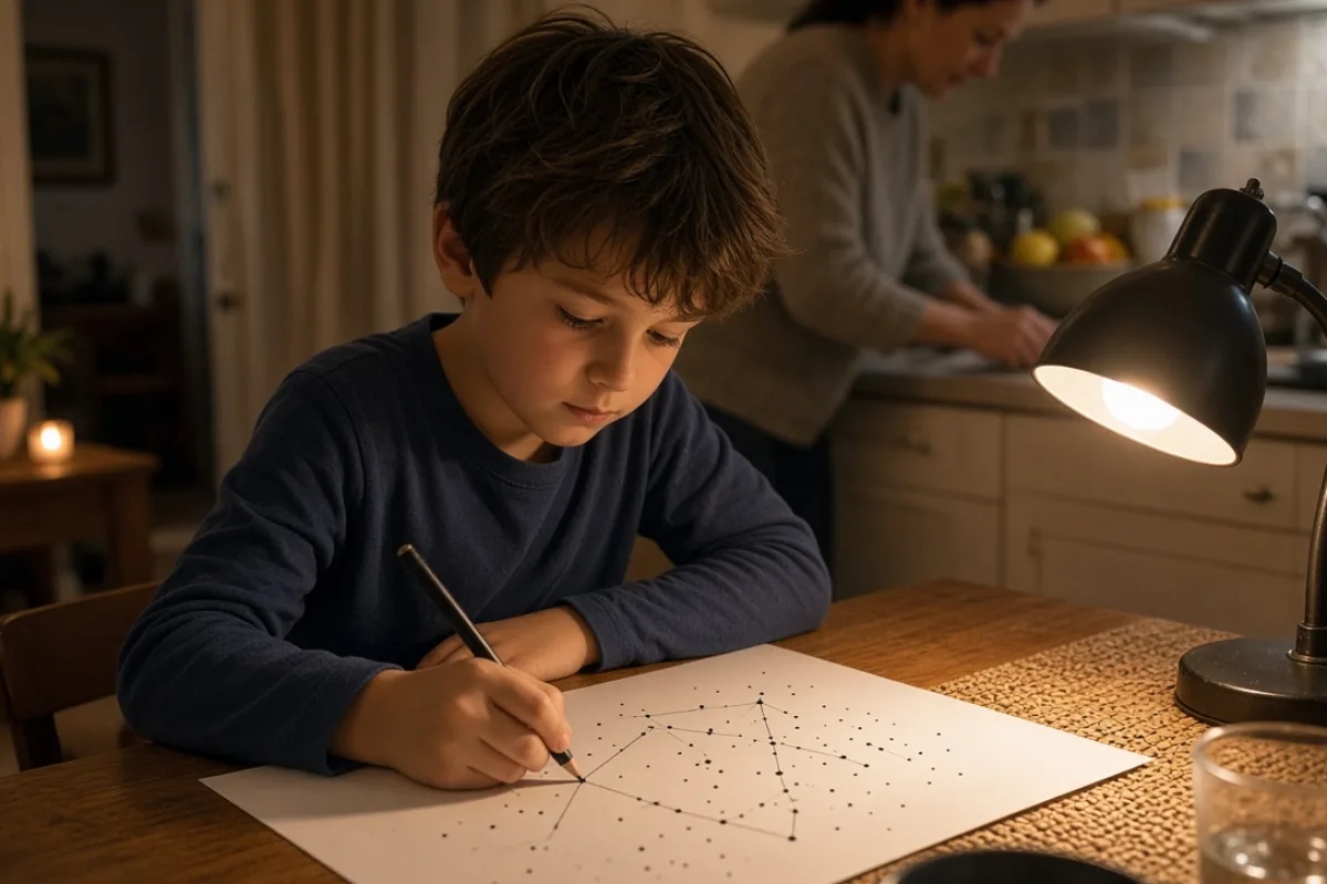 Çocuğun kâğıt üzerinde takımyıldız deseni çizmesi