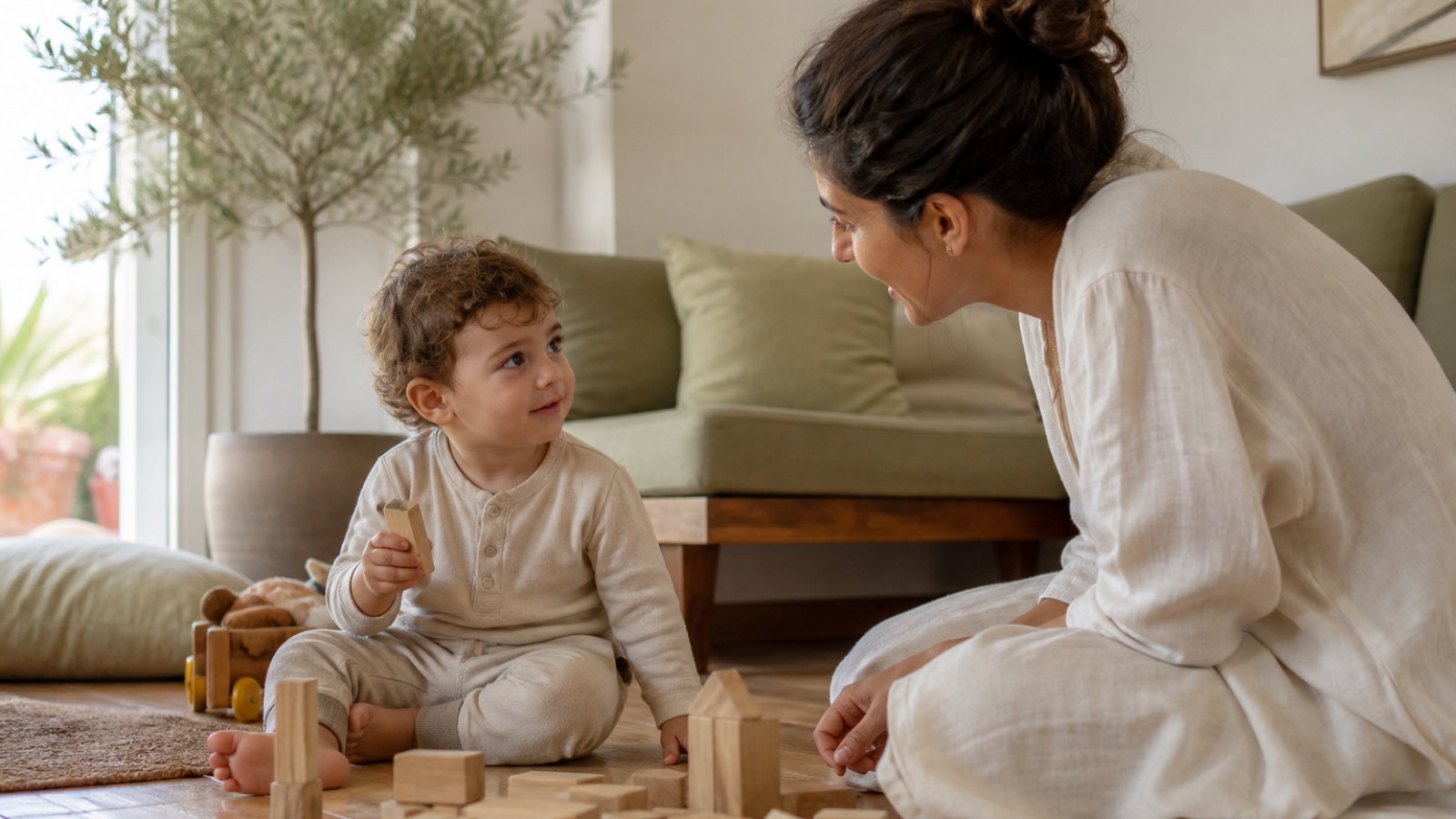 Home environment bloklarla oynayan and parent communication kuran two aged child