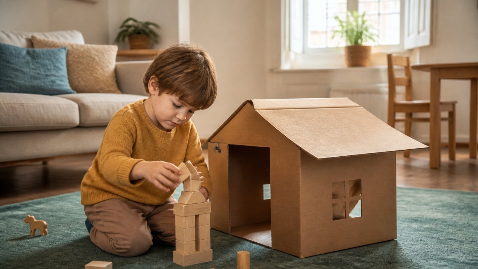 Home environment karton kit and bloklarla yaratıcı play oynayan preschool child