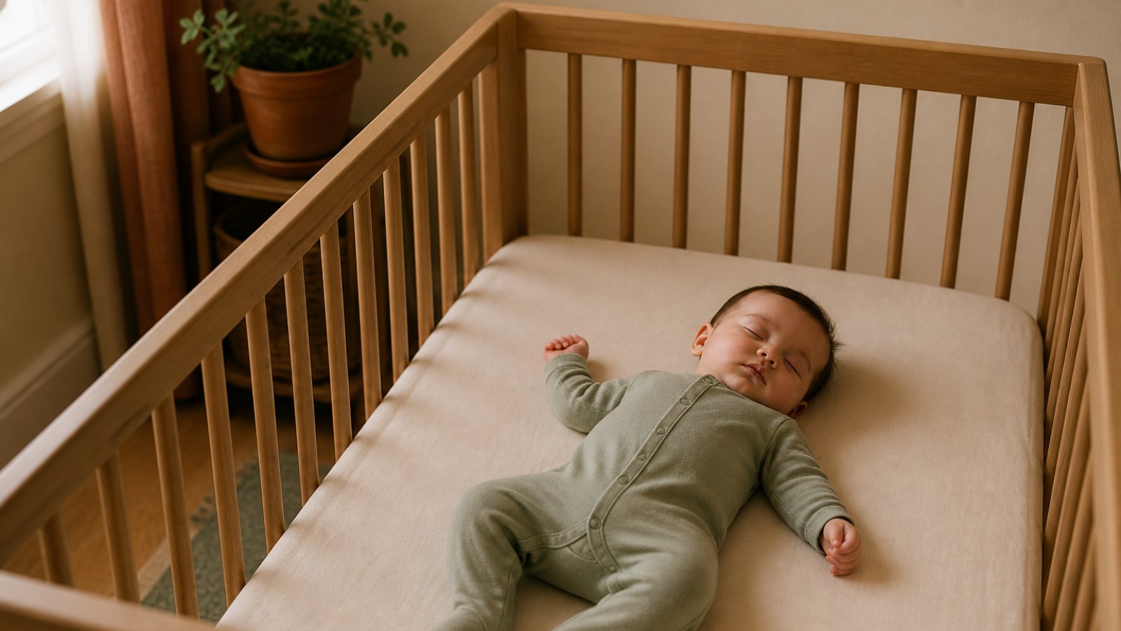 Sade and safe cot on the back uyuyan approximately sekiz monthly baby