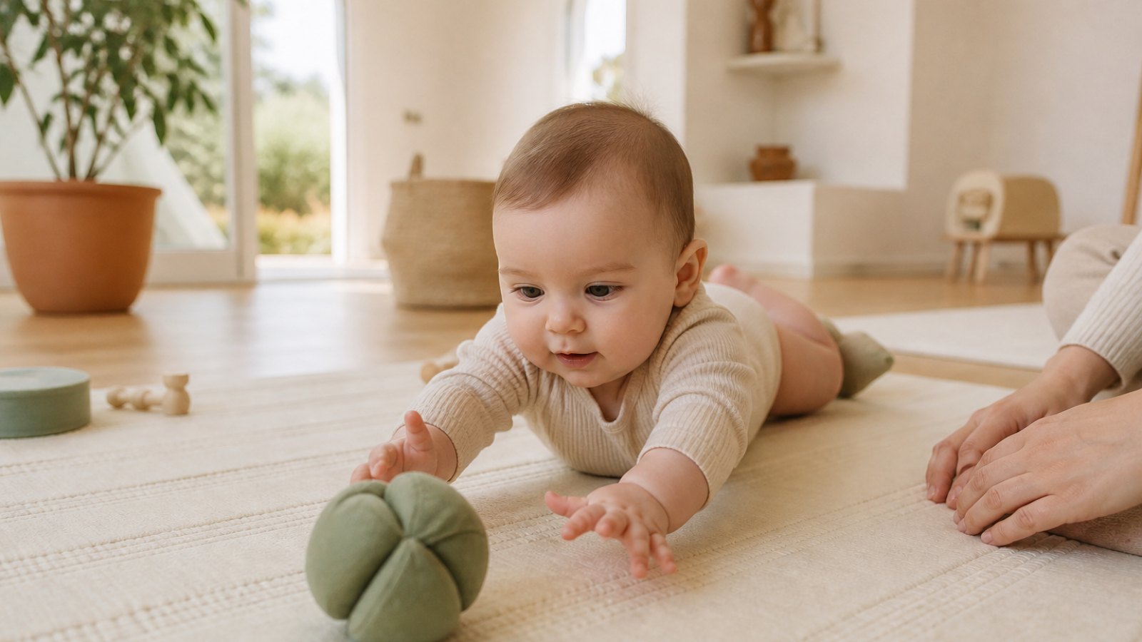 Home environment play matında toy uzanan six monthly baby