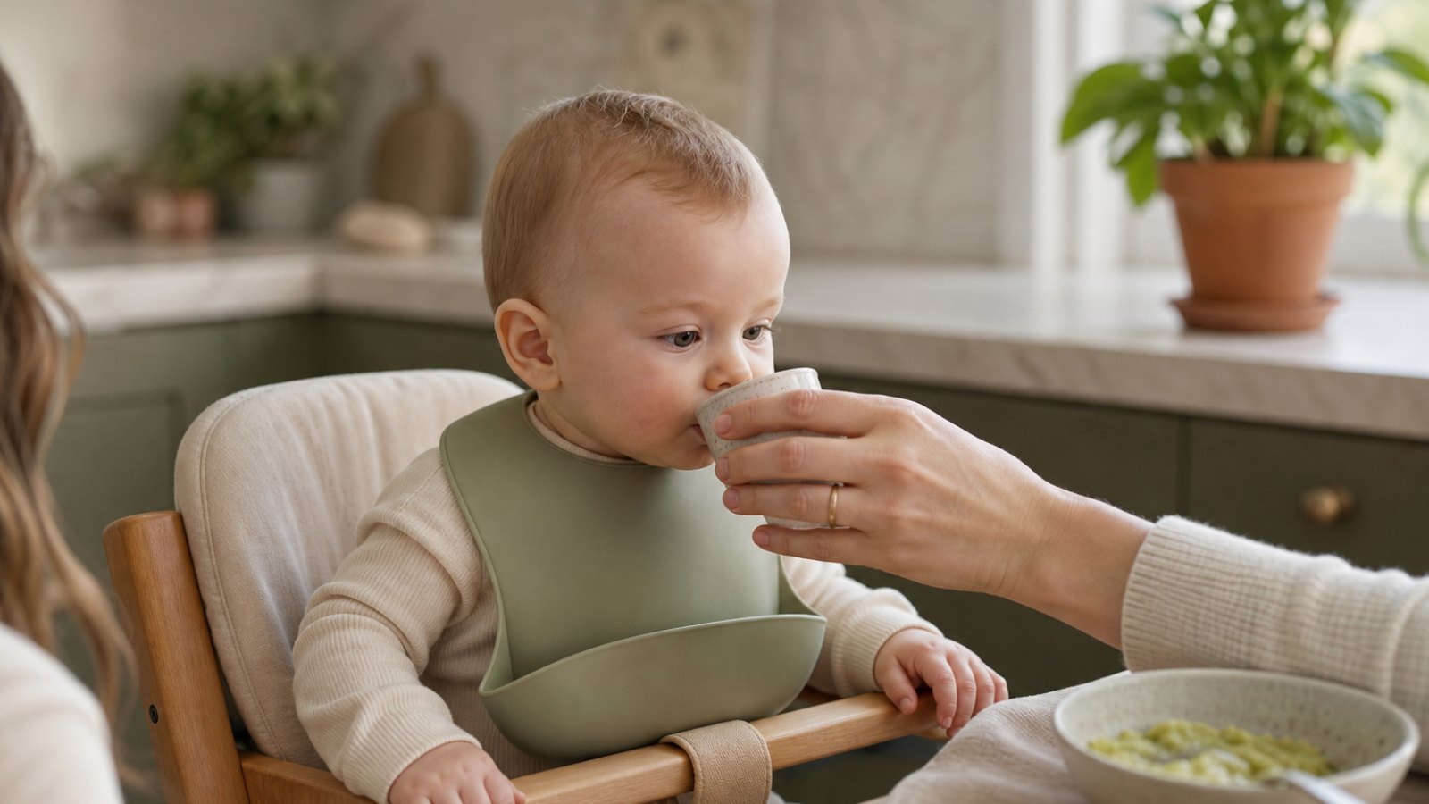 Complementary feeding meal small open cup water drinking öğrenen approximately sekiz monthly baby