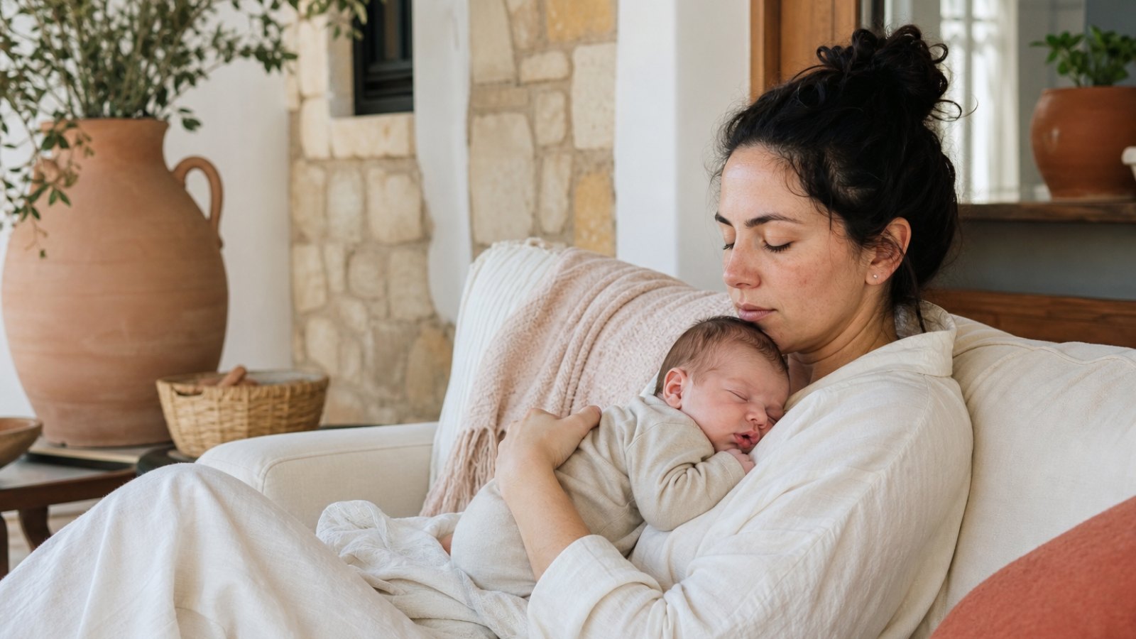 Doğum sonrası ilk haftalarda ev ortamında bebeğini kucağında tutarken dinlenen anne
