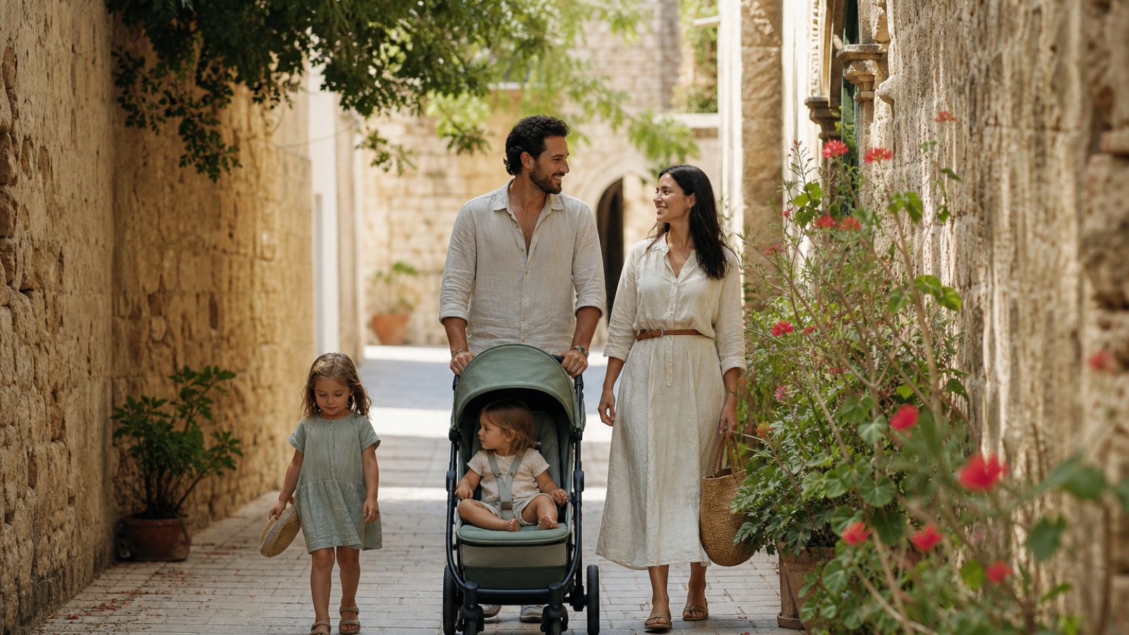 Famagusta Suriçi'nde child shade a street yürüyen family
