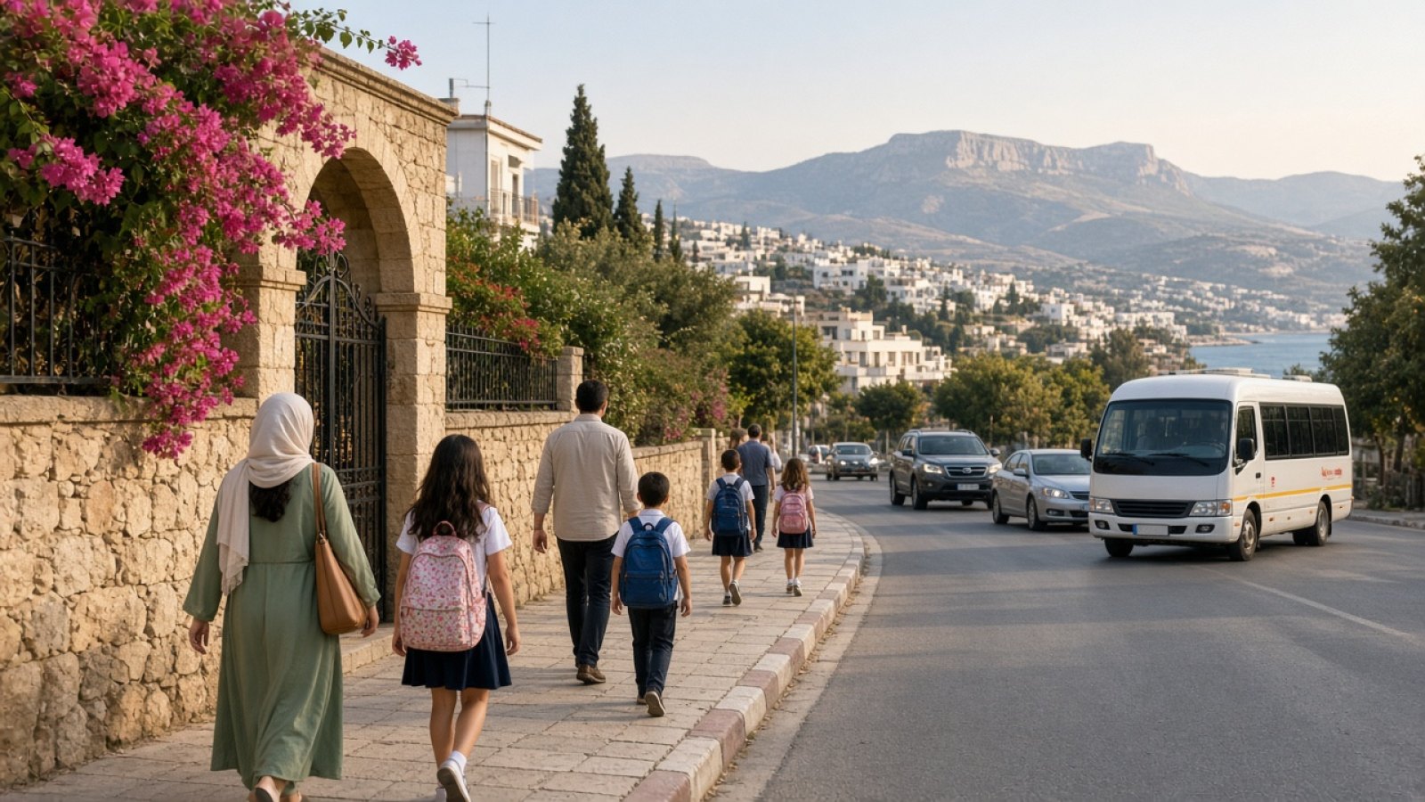 Girne’de okul giriş saatinde çocuklarını okula bırakan aileler ve araç trafiği