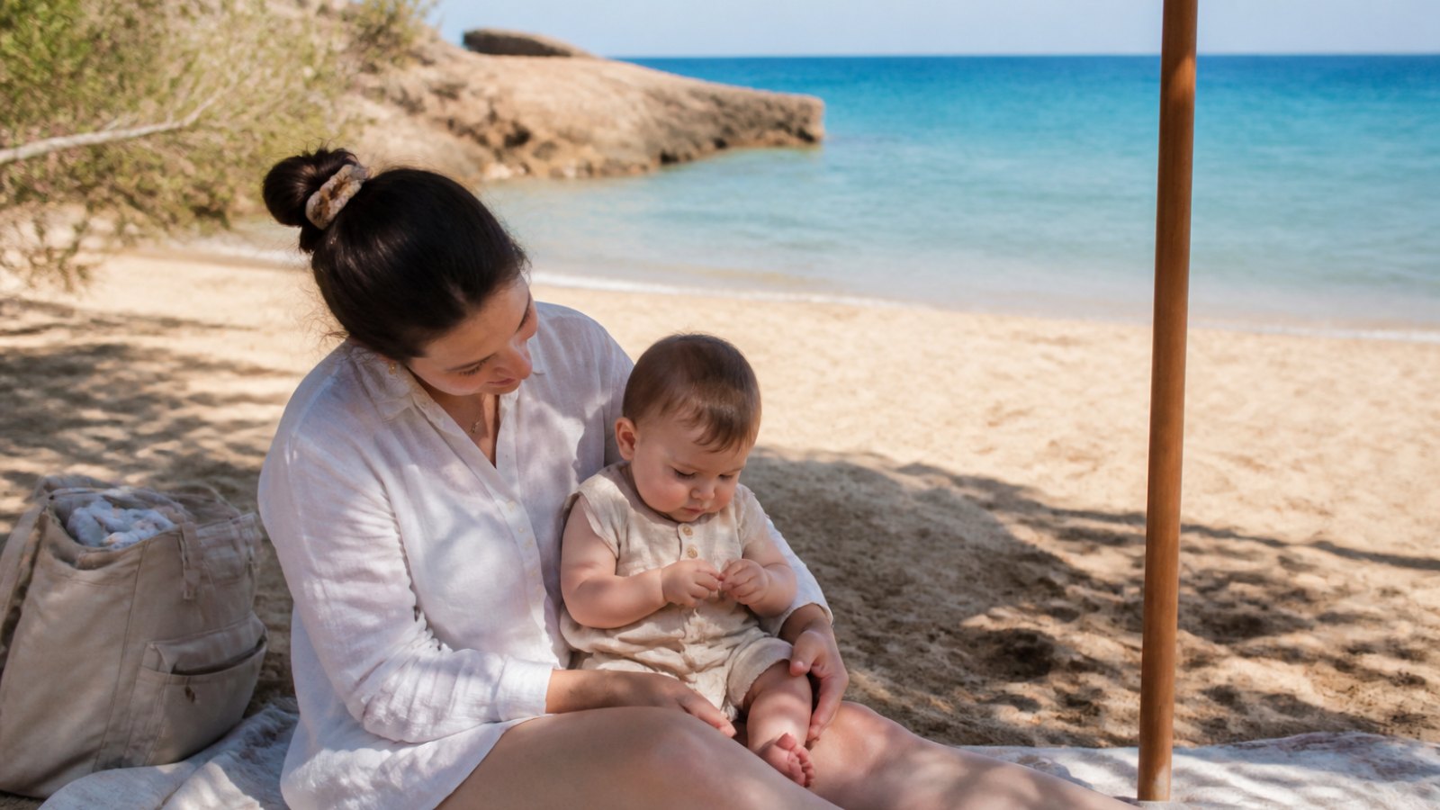 Kıbrıs'ta gölgeli bir plajda bebeğiyle deniz kenarında vakit geçiren aile
