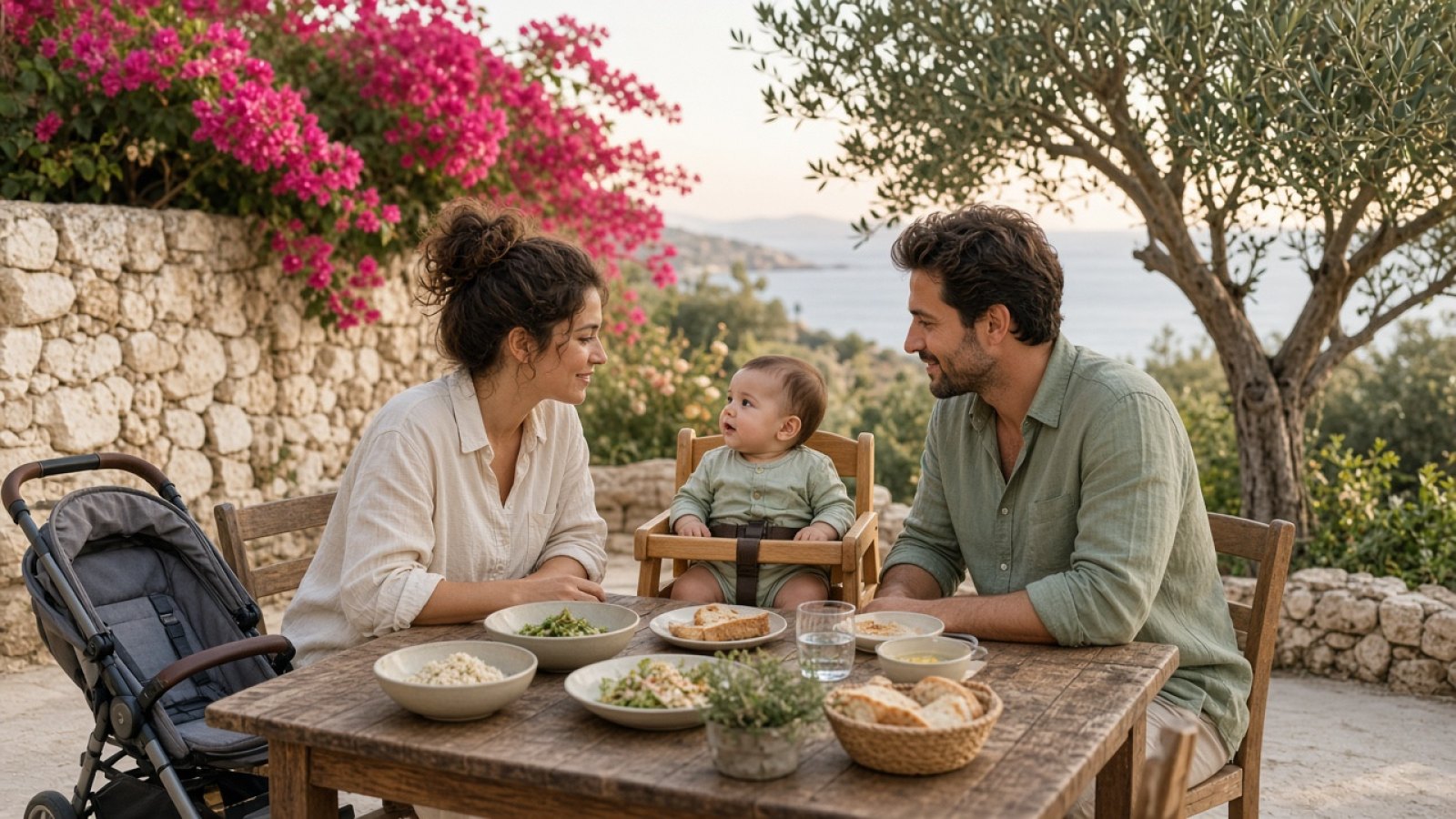 In Cyprus open weather restoranında baby food yiyen family