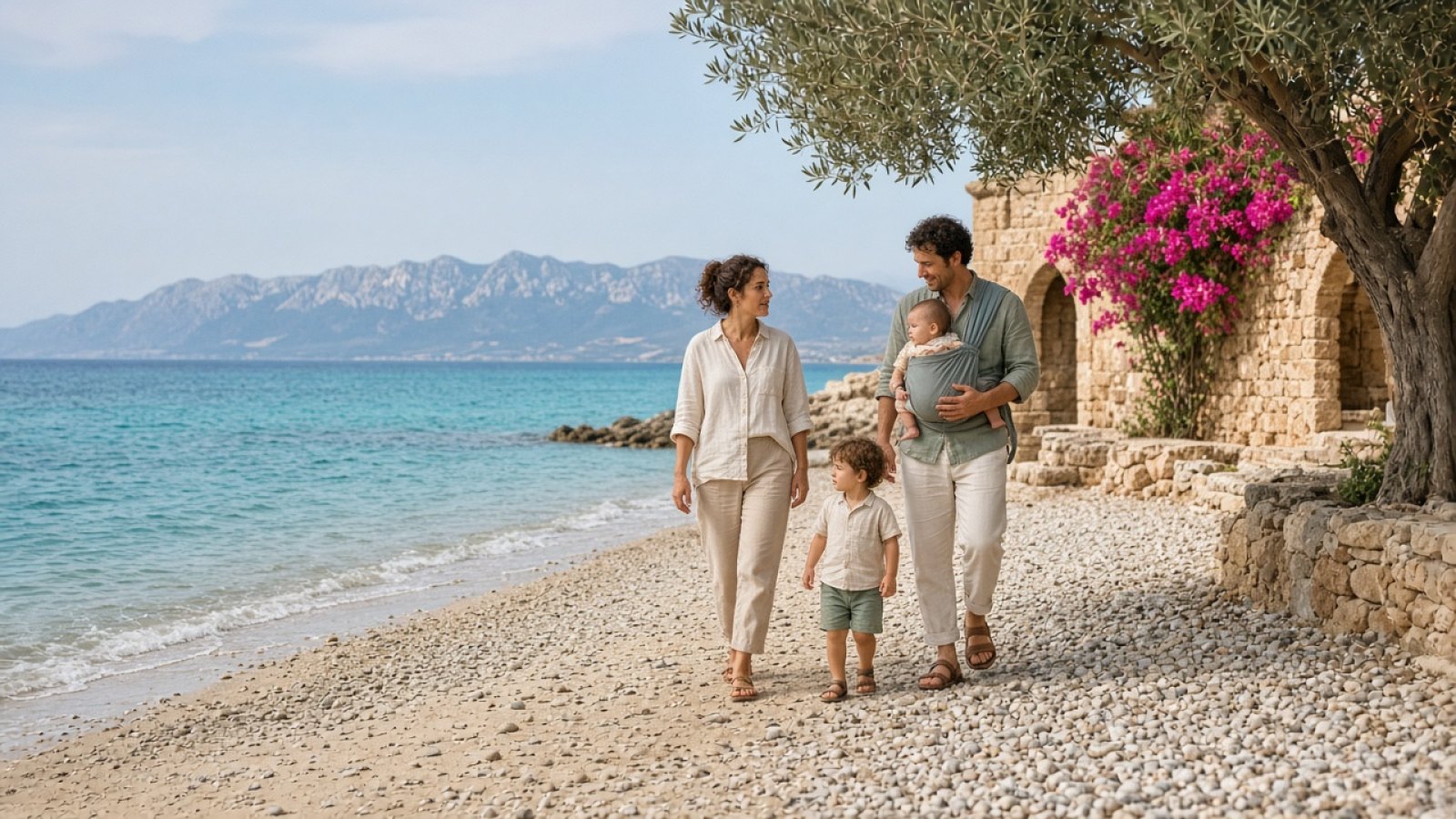 Kıbrıs’ta deniz kenarında çocuklarıyla vakit geçiren aile