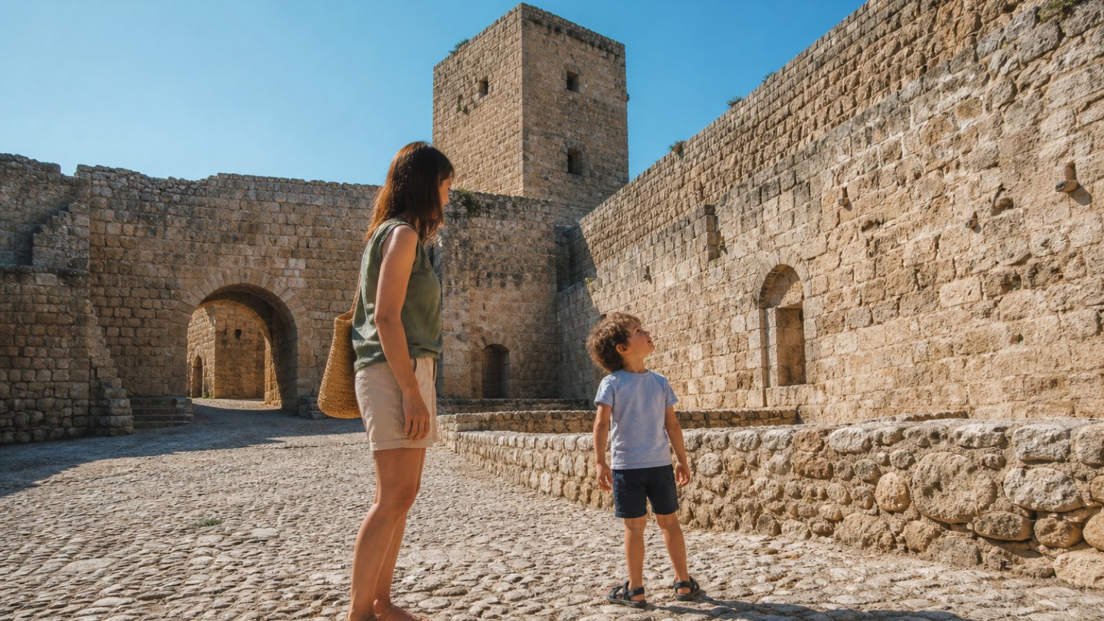 Kıbrıs’ta tarihi bir kalenin avlusunda çevresini merakla inceleyen çocuk ve ebeveyn