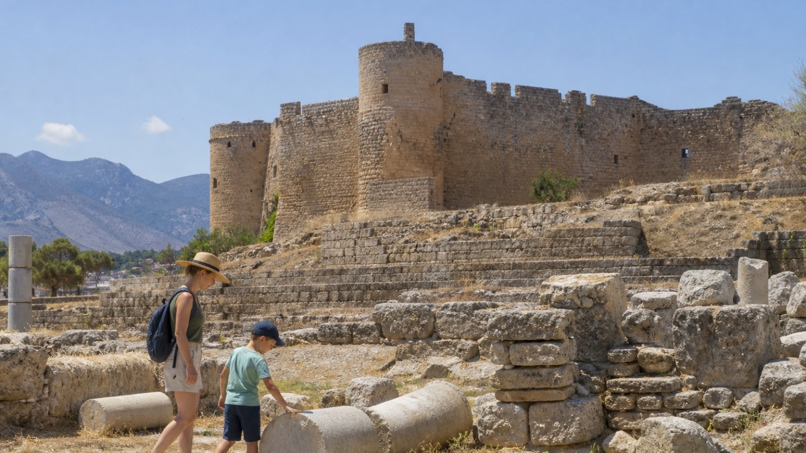 Kuzey Kıbrıs’ta tarihi taş kale ve antik kalıntıları çocuklarıyla keşfeden aile