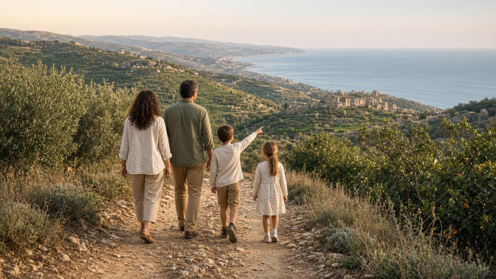 Lefke’de doğa ve deniz manzarası eşliğinde çocuklarıyla gezen aile