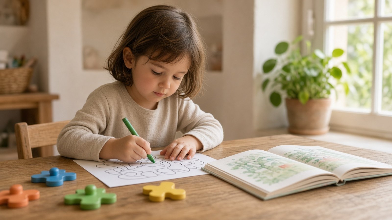 Evde sade bir masada boyama, puzzle ve kitapla sakin biçimde çalışan okul öncesi çocuk