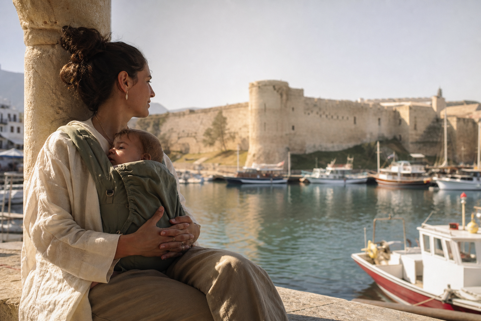 Girne limanında gölgede dinlenen bebekli ebeveyn, sakin belgesel kare
